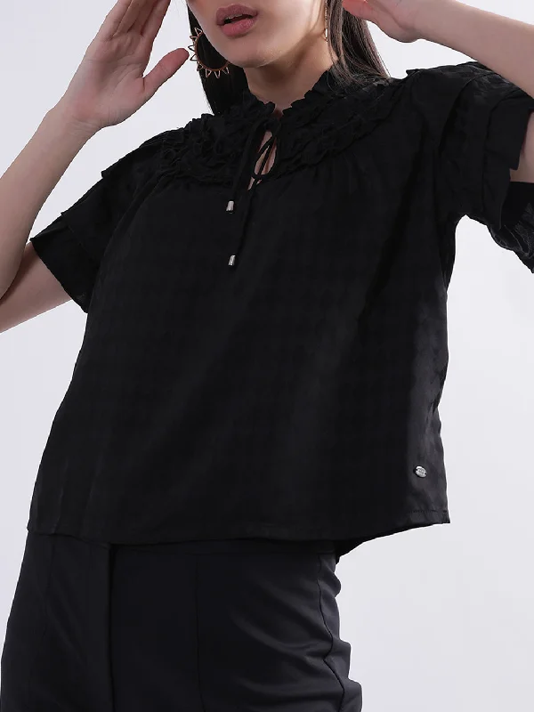 Women's Blouse with High CollarElle Women Black Self-Design Band Collar Top