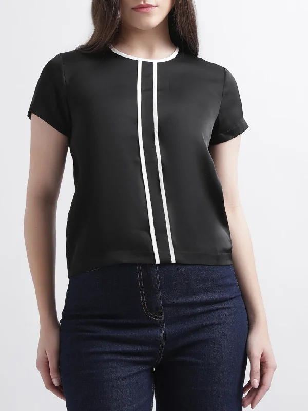 Women's Blouse with High CollarCentre Stage Women Black Solid Round Neck Top