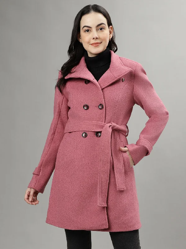 Women's Blouse with Wide CollarIconic Women Pink Solid Spread Collar Long Sleeves Overcoat