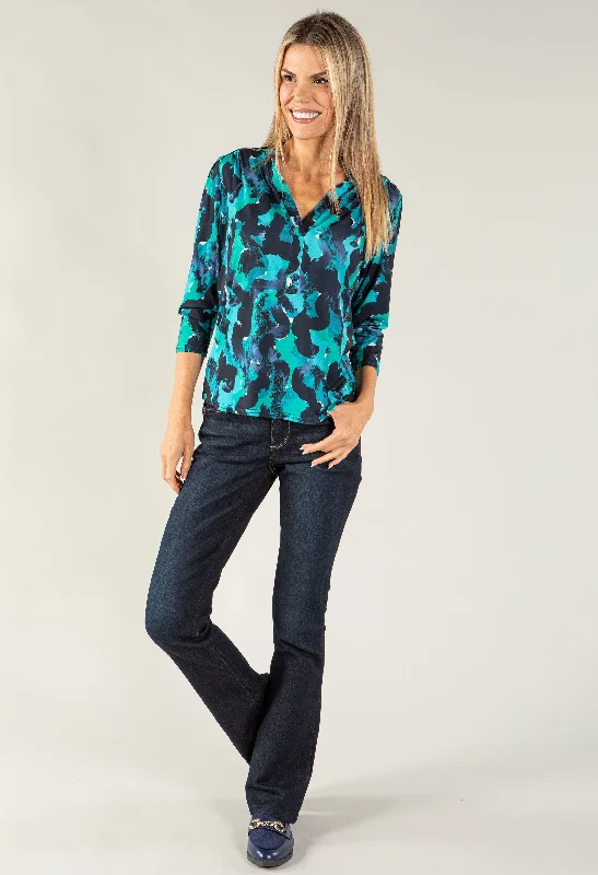 Women's Blouse with CollarMixed Print V Neckline Top