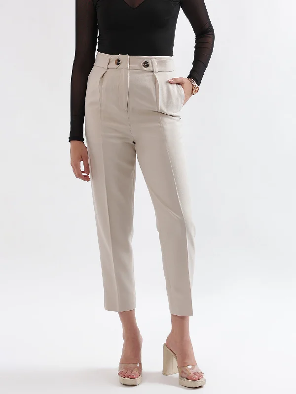 Women's Button-Up BlouseElle Women Beige  Solid Relaxed Fit Trouser