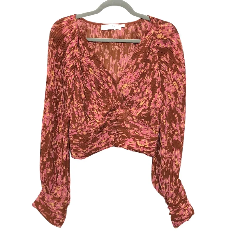 Women's Blouse with Notched CollarBlouse Long Sleeve By Astr In Brown & Pink, Size: M