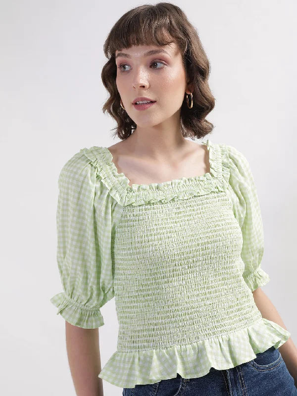 Women's Blouse with Square CollarElle Women Green Checked Square Neck Short Sleeves Top