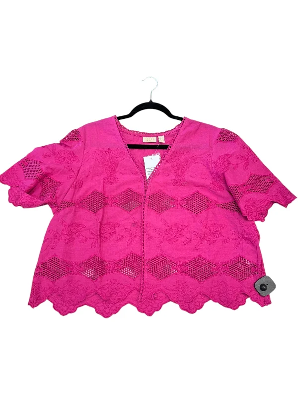 Women's Blouse with PleatsBlouse Short Sleeve By Logo In Pink, Size: L