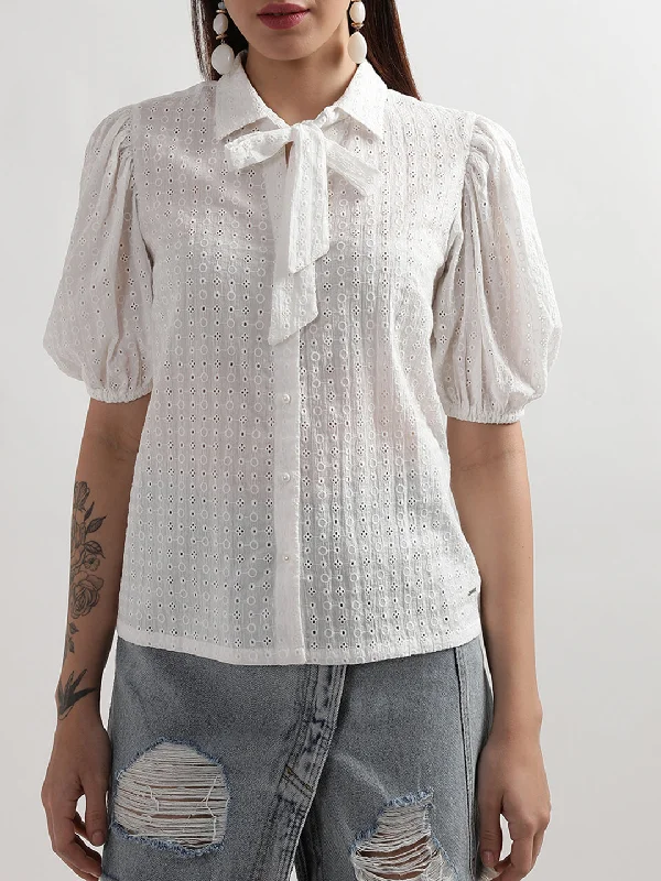 Women's Blouse with BeadsElle Women White Solid Collar Top