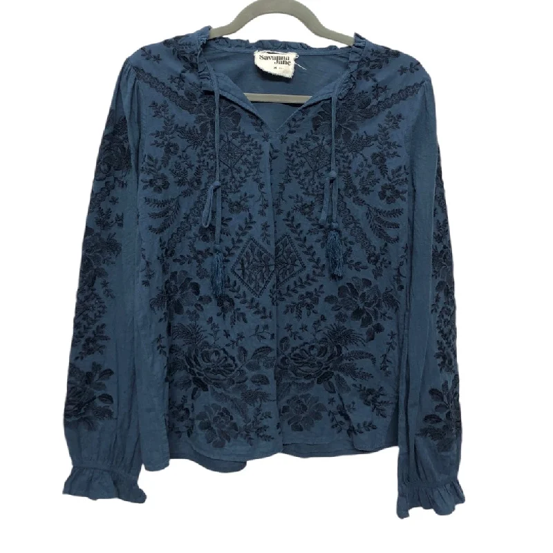 Women's Blouse with U-Shaped CollarBlouse Long Sleeve By Savanna Jane In Blue, Size: M