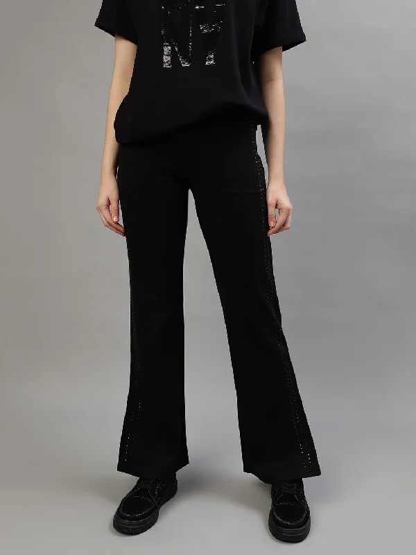 Women's Blouse with Collarless DesignDkny Women Black Solid Regular Fit Trousers