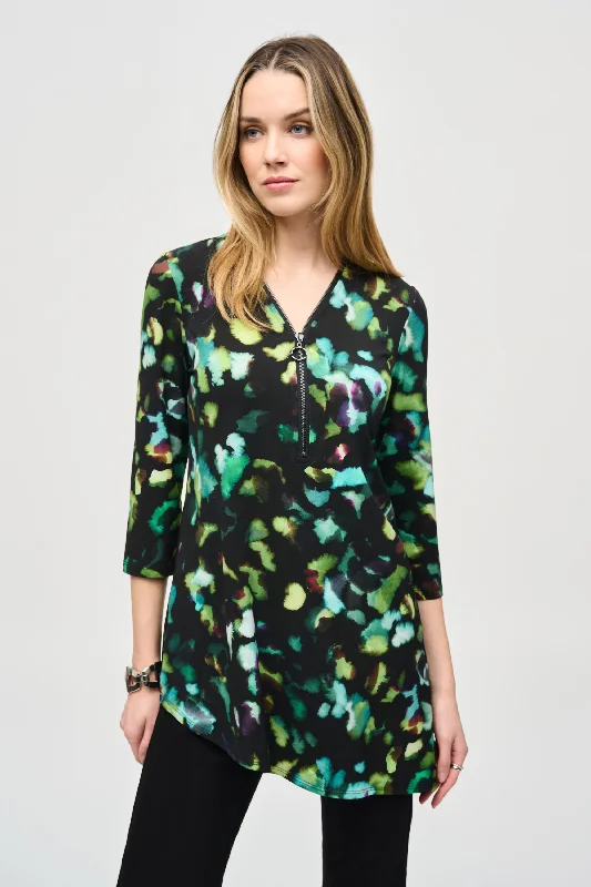 Women's Blouse with Shawl CollarSilky Knit Abstract Print Tunic