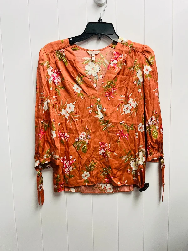 Women's Blouse with High CollarBlouse Long Sleeve By Rebecca Taylor In Green & Orange, Size: 2