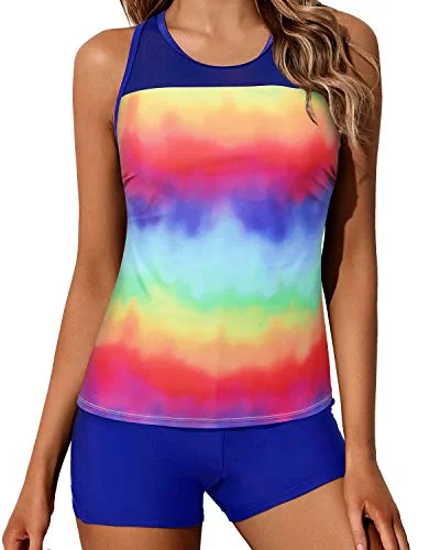 Tummy Control Racerback Tank Top Bathing Suits Boyleg Shorts For Women-Color Tie Dye