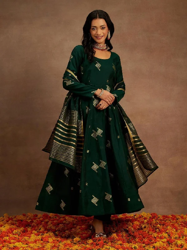 Women's Jumpsuits with Notched CollarGreen Woven Design Chanderi Silk Anarkali Suit With Dupatta