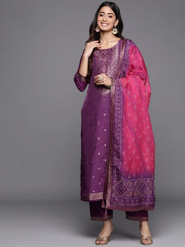 Women's Jumpsuits with Asymmetrical HemPurple Self Design Silk Blend Straight Kurta With Trousers & Dupatta