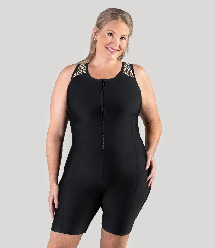 QuikEnergy Racerback Zip Front Aquatard Leopard Print Black