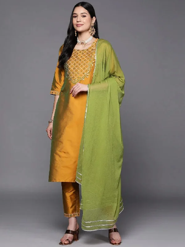 Women's Jumpsuits with Skinny LegMustard Yoke Design Silk Blend Straight Kurta With Dupatta