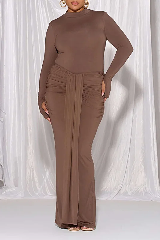 Women's Cap-Sleeve DressesPlus Size Long Sleeve Tie Front Ruched Maxi Dress