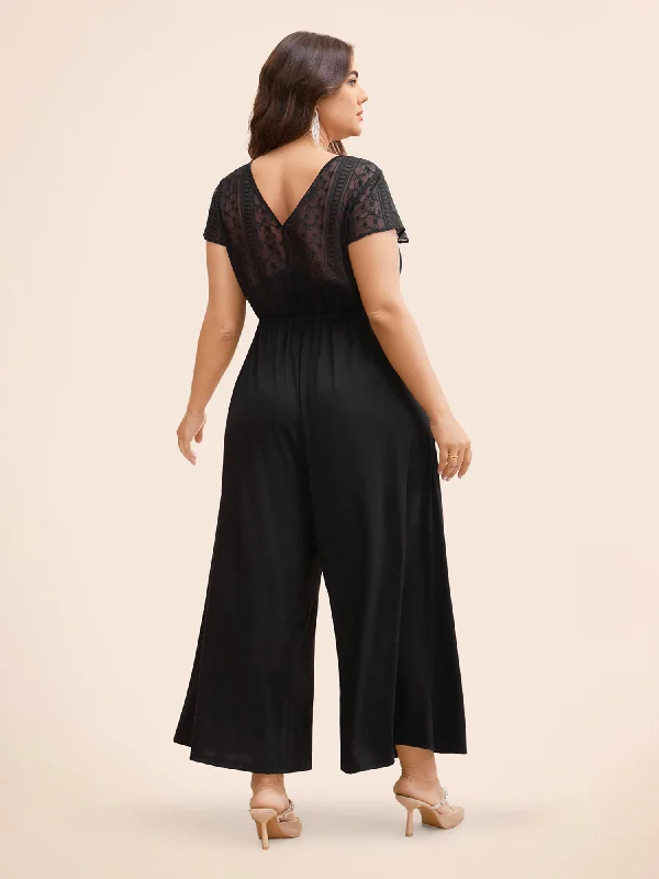 Women's Jumpsuits with Keyhole CollarOverlap Collar Drawstring Mesh Cap Sleeve Jumpsuit