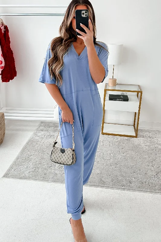 Women's Jumpsuits with Narrow CollarTired Eyes Short Sleeve Slouchy Jumpsuit (Light Denim)