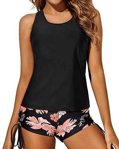 Women's 3 Piece Tankini Swimsuits Backless Tank Top-Black Orange Floral