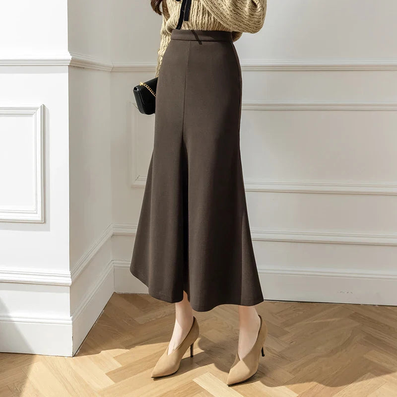 Women's JeggingsFashionSierra - New Korean Office Ladies Mermaid 2024 Autumn Winter Woolen Long Women Fashion High Waist Wool Midi Skirt