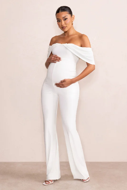 Women's Jumpsuits with Collarless DesignRenata | White Draped Sleeve Bardot Maternity Jumpsuit