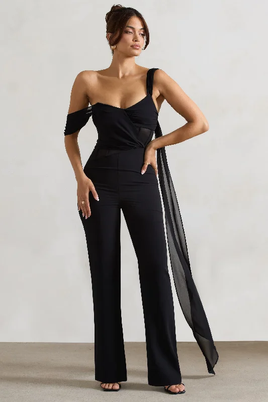 Women's Jumpsuits with Square CollarFatale | Black Draped-Sleeve Corseted Jumpsuit With Sash