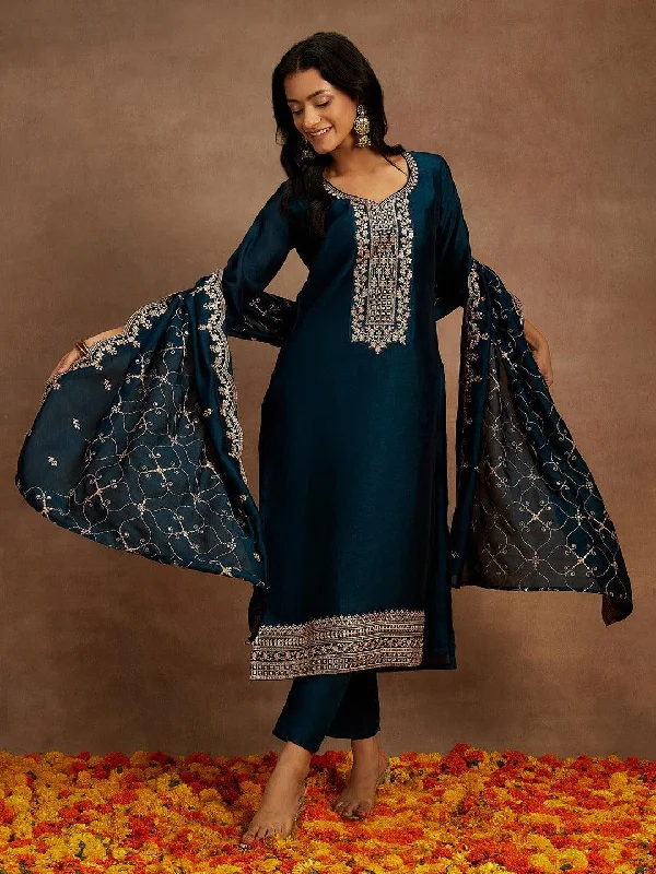 Women's Jumpsuits with Low CollarTeal Yoke Design Silk Blend Straight Suit With Dupatta