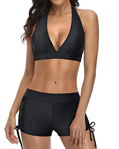 V Neck Push Up Bikini With Boyshort Two Piece Swimsuit-Black