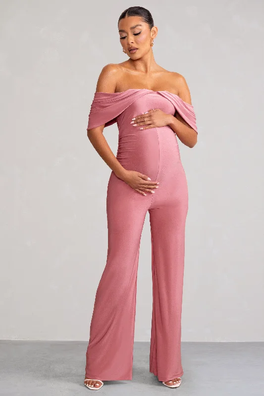 Women's Jumpsuits with Wide LegRenata | Blush Pink Draped Sleeve Bardot Maternity Jumpsuit