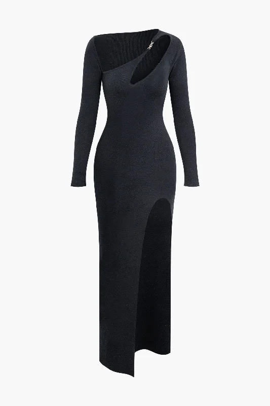 Women's Square Collar DressesAsymmetrical Cut Out Long Sleeve Slit Knit Maxi Dress