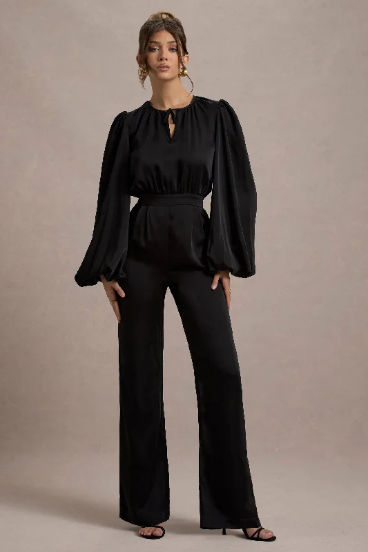 Women's Jumpsuits with CollarSuzanna | Black Satin Puff-Sleeve Wide-Leg Jumpsuit