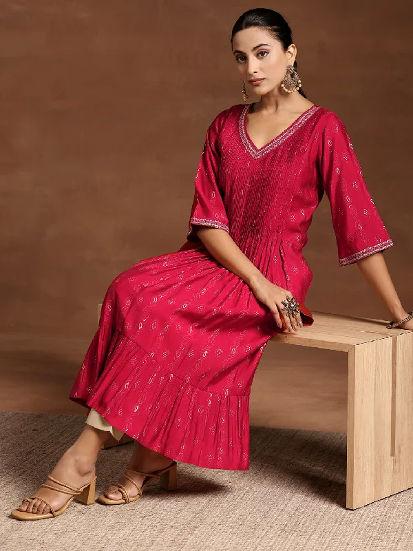 Women's Jumpsuits with Rounded CollarRed Printed Silk A-Line Kurta