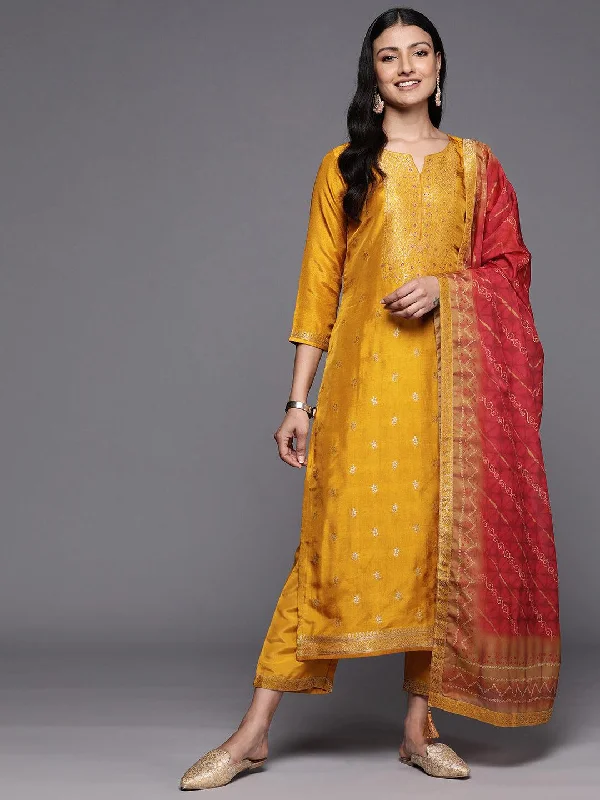 Women's Jumpsuits with Keyhole CollarMustard Self Design Silk Blend Straight Kurta With Trousers & Dupatta