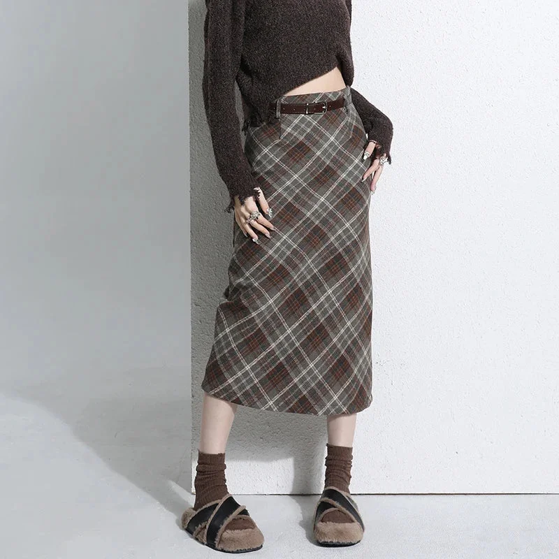 Women's Jodhpurs with Notched CollarRetro Woolen Plaid Womens Fashion Autumn Winter Wool High Waist A-line Midi Ladies Casual Long Skirt