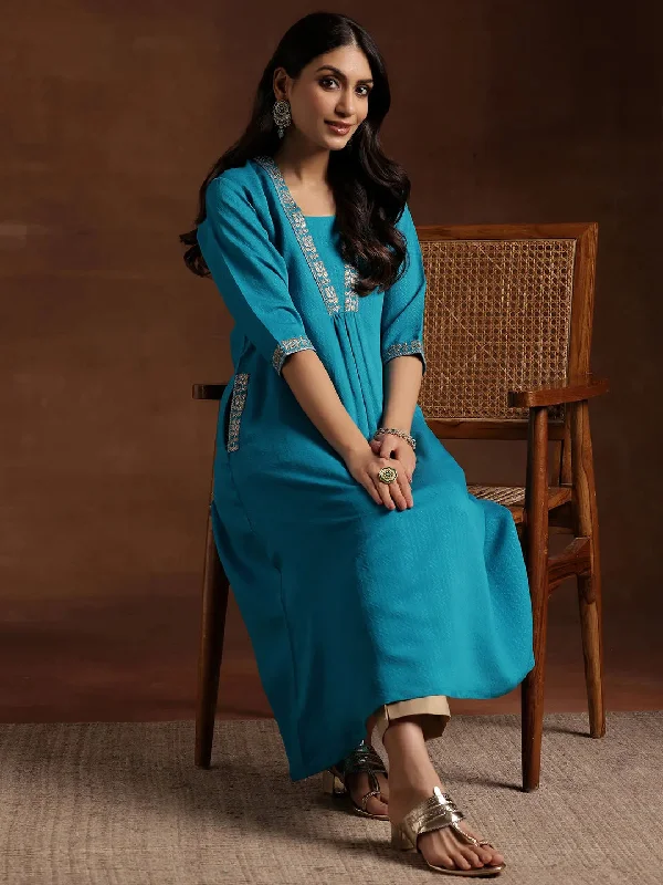 Women's Jumpsuits with Shawl CollarBlue Yoke Design Silk A-Line Kurta