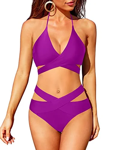 Cut Out Criss Cross Bathing Suit With High Waisted Bottoms-Purple