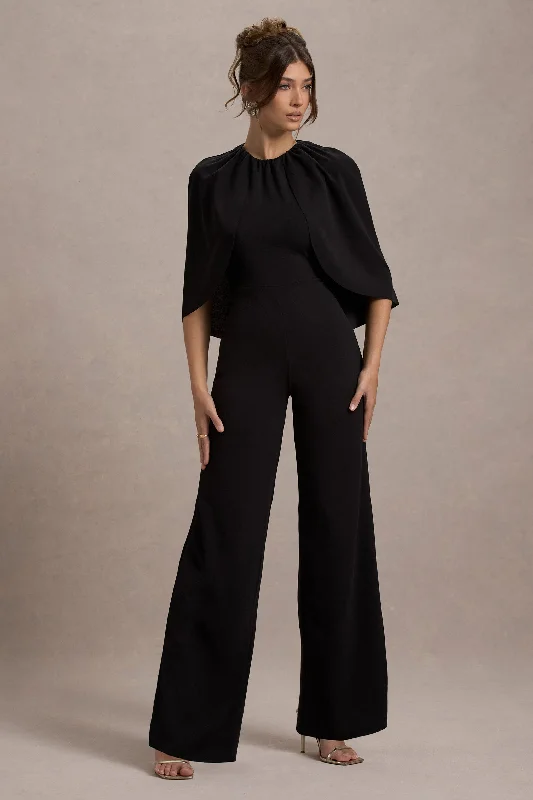 Women's Short-Sleeve JumpsuitsArbor | Black Cape-Sleeve Straight-Leg Jumpsuit