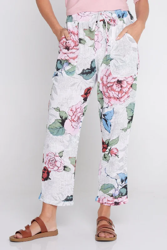 Women's Jodhpurs with V-Shaped CollarKiana Linen Pants  - White Floral