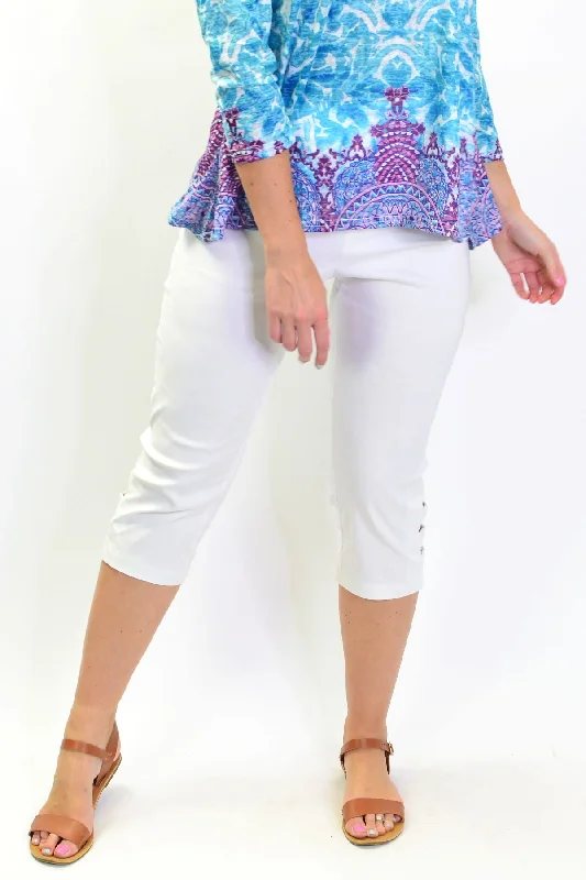 Women's Jodhpurs with Collarless NeckWhite 3/4 Cut Out Pull on Pants