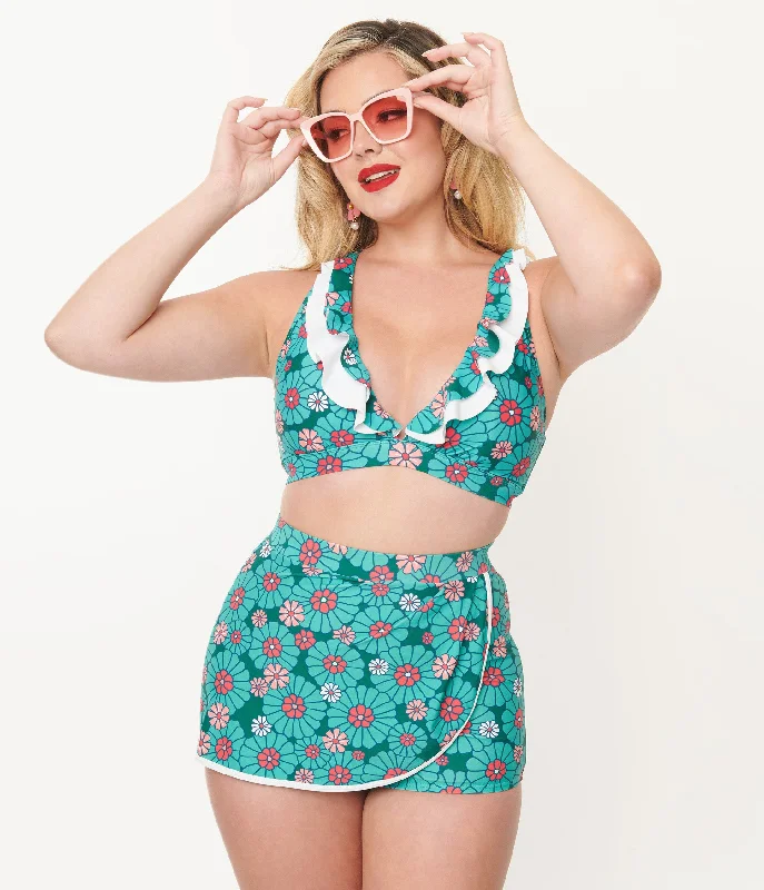 Unique Vintage Teal Flower Child Halter Swim Top