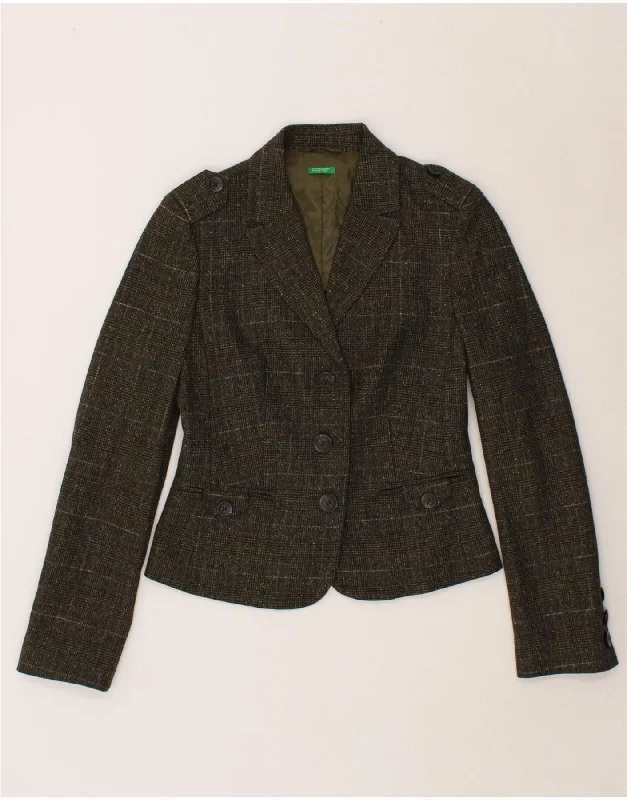 Women's Coats with Fur Trimmed ZipperBENETTON Womens 3 Button Blazer Jacket IT 42 Medium Khaki Check Wool