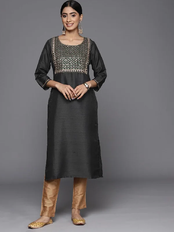 Women's Jumpsuits with Ankle LengthGrey Embroidered Silk Straight Kurta