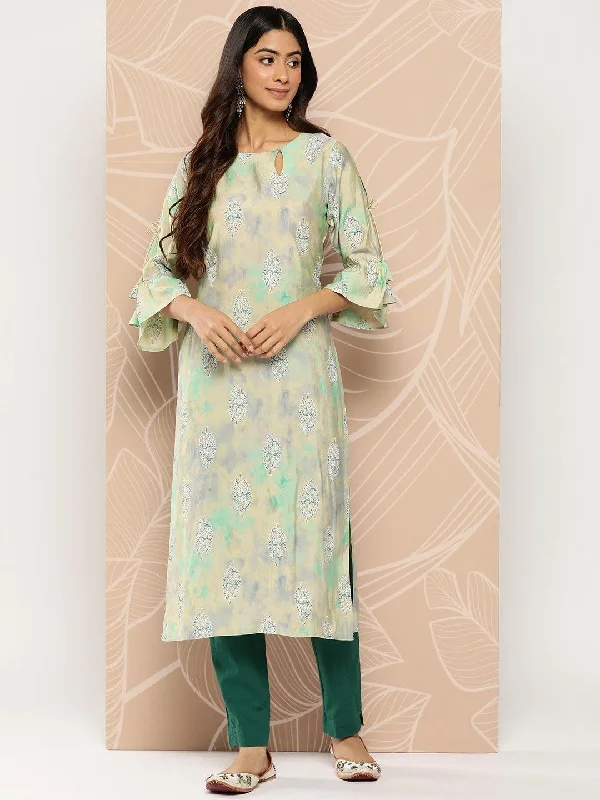 Women's Jumpsuits with SleevesGreen Printed Silk Straight Kurta