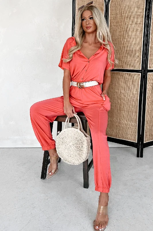 Women's Jumpsuits with Rounded CollarTaking The Easy Route Short Sleeve Button Detail Jumpsuit (Coral)