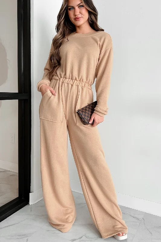 Women's Jumpsuits with Sweetheart CollarCozy Refuge Long Sleeve Wide Leg Jumpsuit (Taupe)