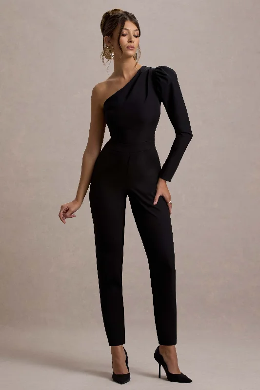 Women's Jumpsuits with Notched CollarSan Jose | Black One-Shoulder Puff-Sleeve Jumpsuit