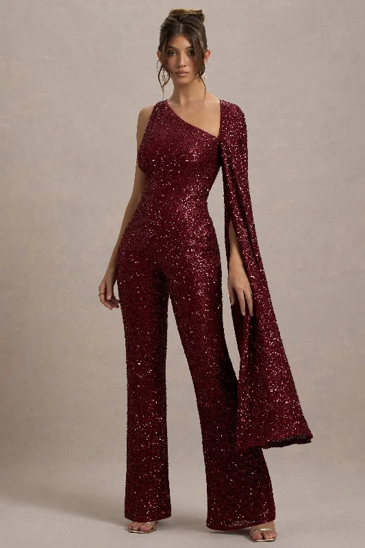 Women's Jumpsuits with Mandarin CollarStar Seeker | Port Sequin One-Shoulder Cape Sleeve Jumpsuit