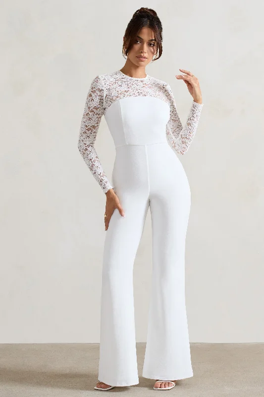 Women's Jumpsuits with Collarless DesignAmari | White Lace Long-Sleeve Flared-Leg Jumpsuit