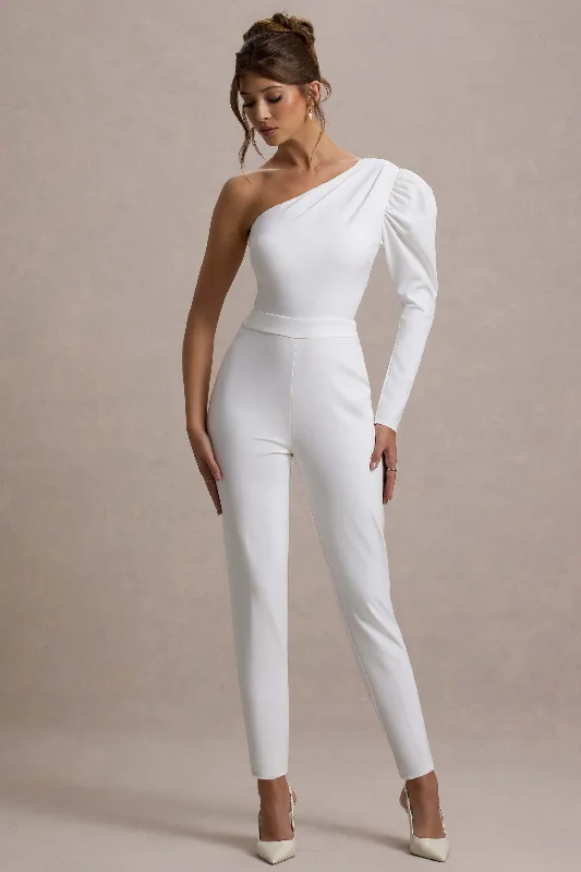 Women's Jumpsuits with Mandarin CollarSan Jose | White One-Shoulder Puff-Sleeve Jumpsuit