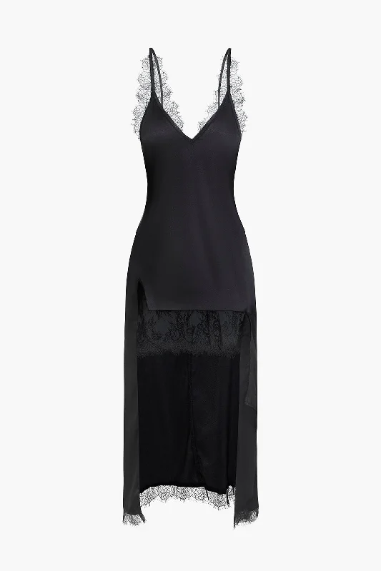 Women's Sleeveless DressesSolid Asymmetrical Lace V-Neck Maxi Dress