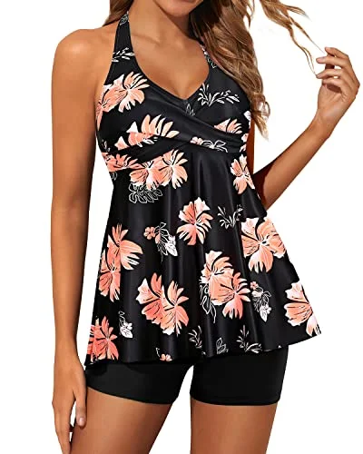 Adjustable Self-Tie Tankini Swimsuits For Women Shorts-Black Orange Floral